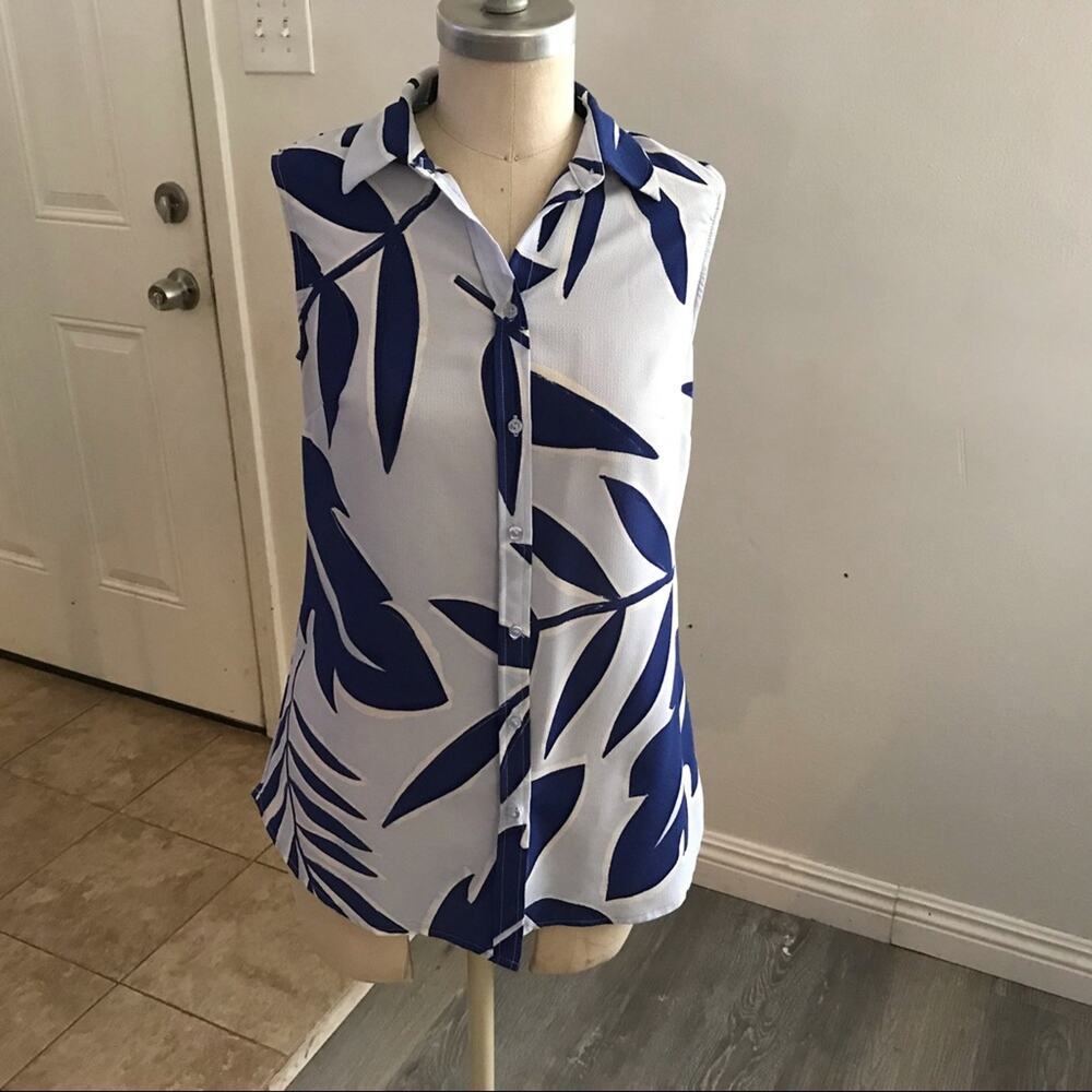 Merona Blue Floral Tropical Print Women's Button Down Sleeveless Shirt XS